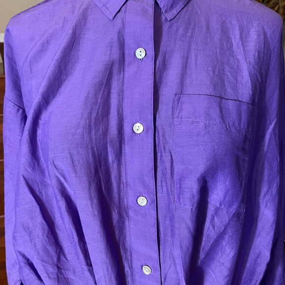 J.Jill Purple Medium Long Sleeve Cotton Silk Tie Waist Blouse Button-up Collared - Picture 2 of 9